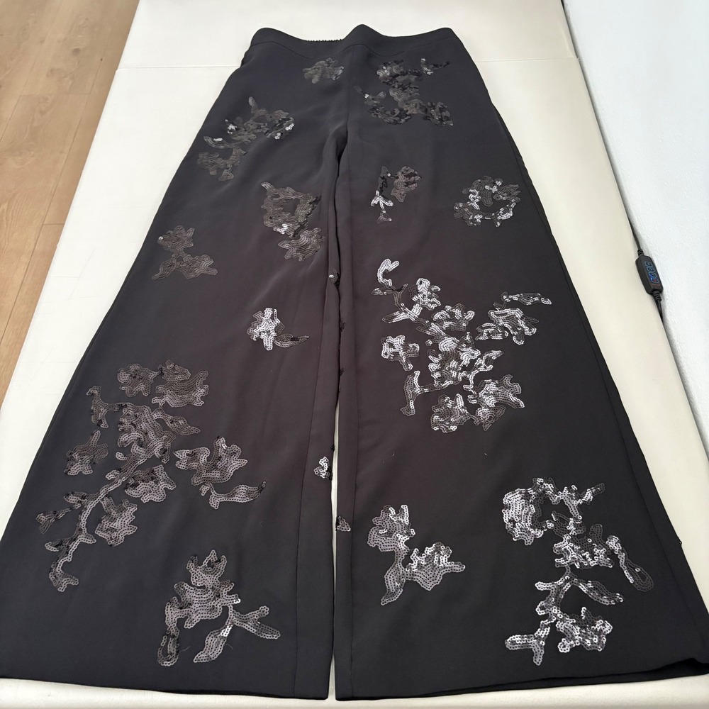 Black Sequin Floral Wide Leg Pants Evening Trousers Elastic Waist Holiday Party